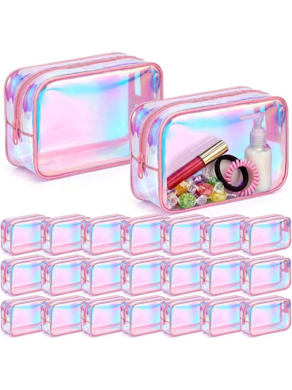 24 Pcs Clear Iridescent Makeup Bags Set - Bulk, Reinforced Edging, Pink